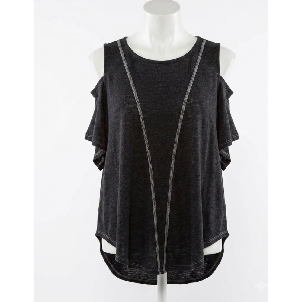 We The Free People Cold Shoulder Top Black Linen Blend Contrast Stitch XS - Picture 1 of 11
